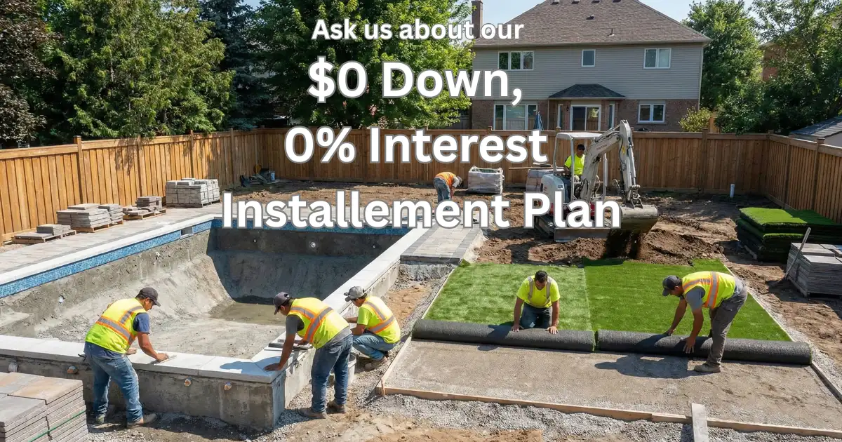 Backyard construction crew installing turf and pool area promoting zero down financing in North Texas