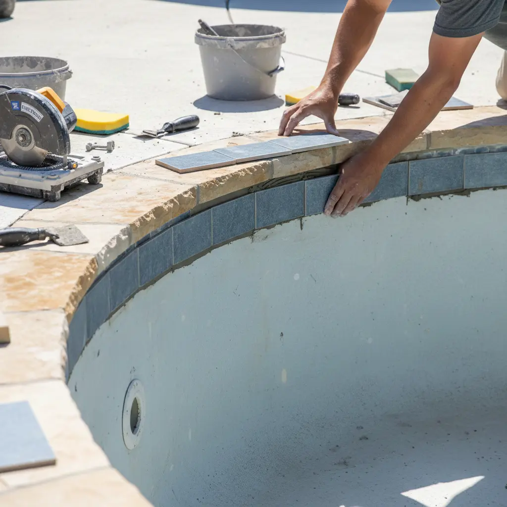 Pool remodeling contractor installing new waterline tile on a drained residential swimming pool in North Texas