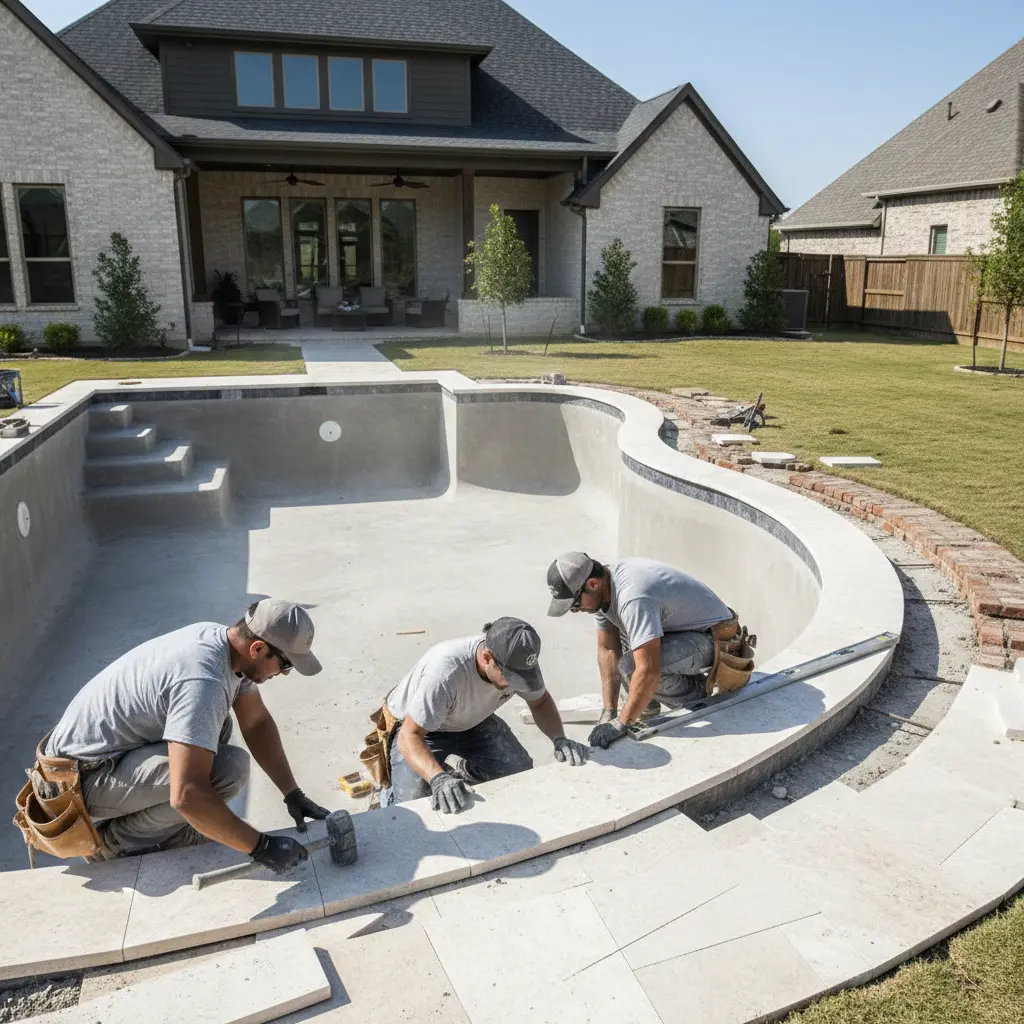 Crew installing new travertine coping around a residential swimming pool during remodeling in DFW