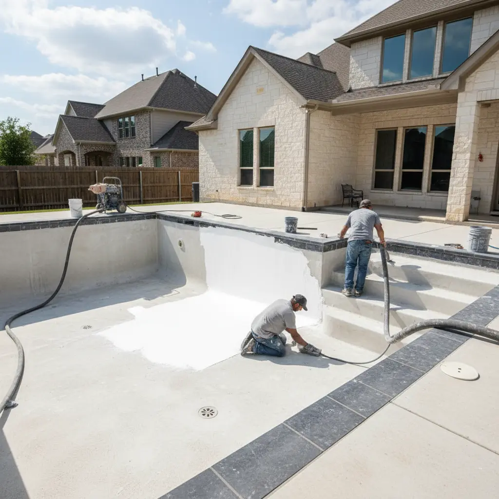 Pool remodeling crew applying fresh white plaster inside a drained residential swimming pool in North Texas