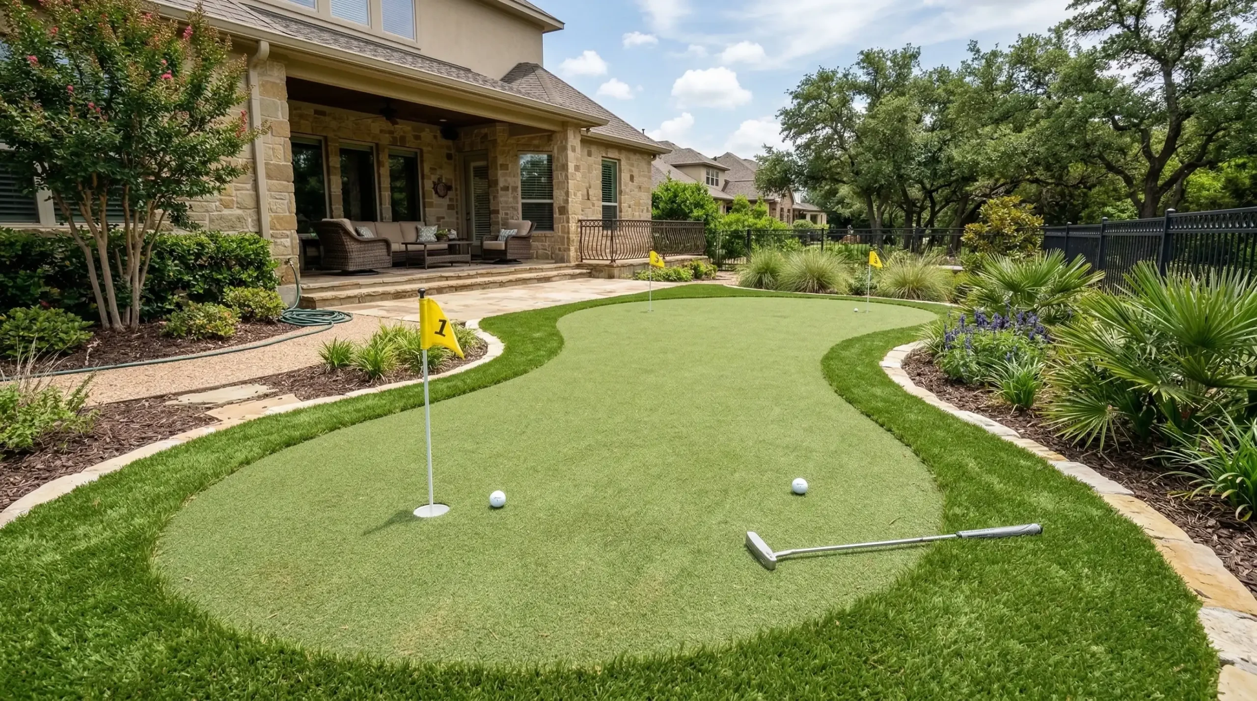 Backyard with landscaped beds, steel edging and a putting green