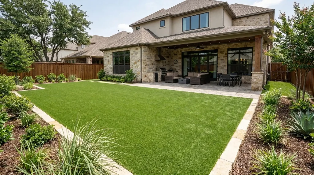 Residential backyard with newly installed artificial turf lawn at a North Texas home