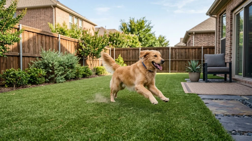 Dog running on pet friendly artificial turf lawn in a residential backyard