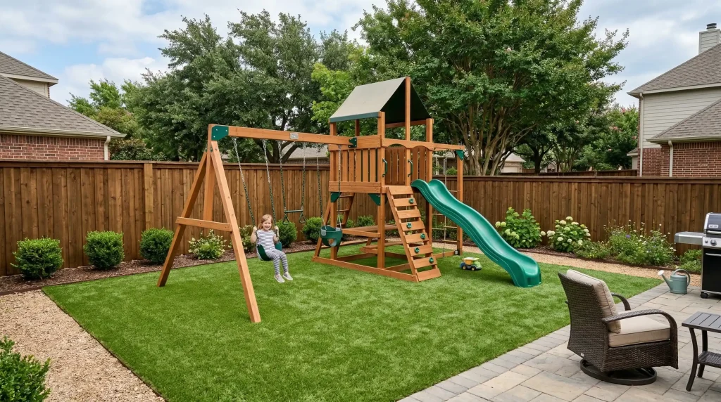Children's playground installed on artificial turf in a residential backyard
