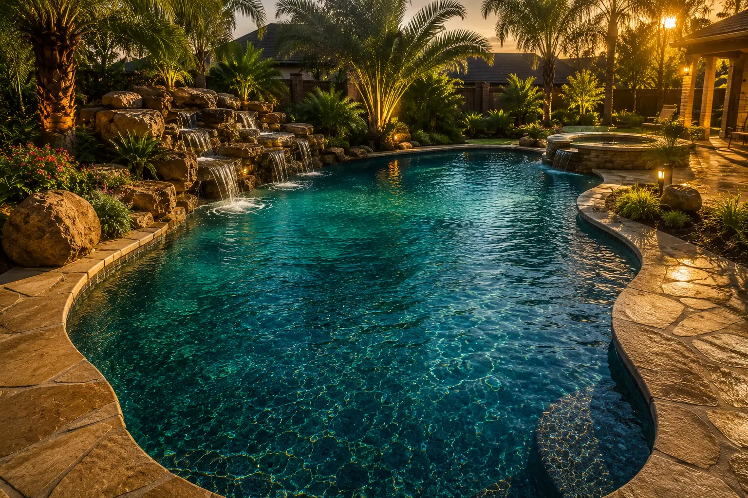 Pebble aggregate pool with rock waterfall at dusk in a Dallas TX backyard