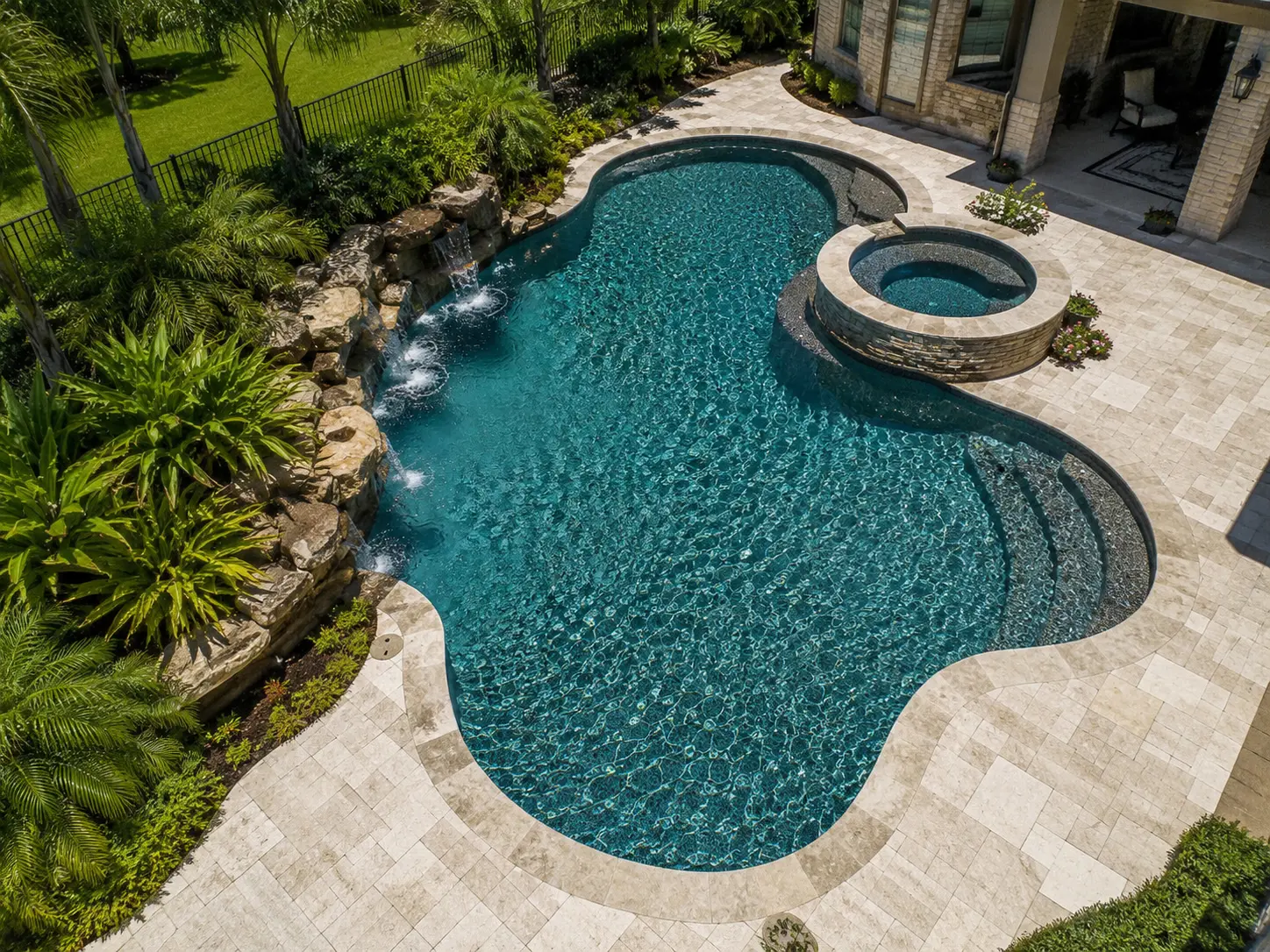 Freeform pool and spa with travertine deck and landscaped beds in a Dallas TX backyard